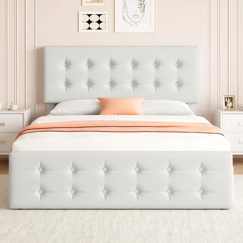 Vista 3 de IDEALHOUSE Marco de cama tamaño completo con 4 cajones de almacenamiento y cabecero, marco de cama plataforma tapizada en cuero sintético con Beige