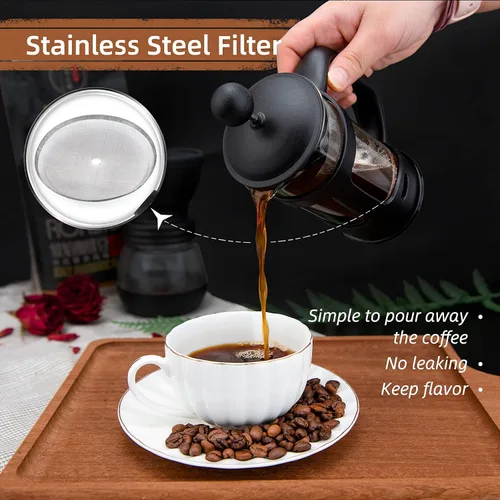 Vista 6 de RAINBEAN Mini Cafetera Francesa de Prensa, 1 Taza, 350 ml, Máximo Sabor con Filtro de Acero Inoxidable - Pequeña