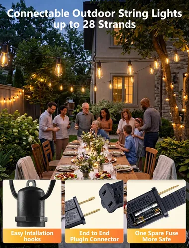 Vista 3 de 50FT LED Outdoor String Lights Waterproof with 27 Edison Vintage Shatterproof Bulbs, Hanging Commercial Grade Outdoor Patio Lights for Backyard