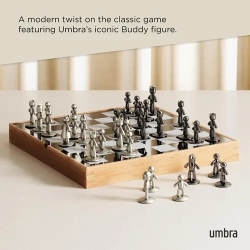Vista 5 de Umbra Buddy - Juego de ajedrez para niños y adultos, moderno juego de tablero de ajedrez original, hecho de metal con acabado de níquel y titanio