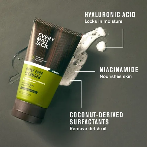 Vista 2 de Every Man Jack Jabón facial hidratante para hombres con ácido hialurónico y niacinamida, elimina suavemente la suciedad y el aceite, revive la piel