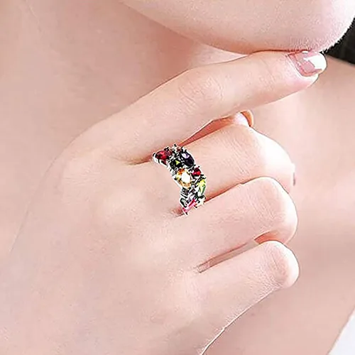 Vista 2 de QIXINWANG Anillo de piedras preciosas múltiples, morganita, granate, amatista, peridoto y promesa, anillo de fiesta de boda para niñas y mujeres