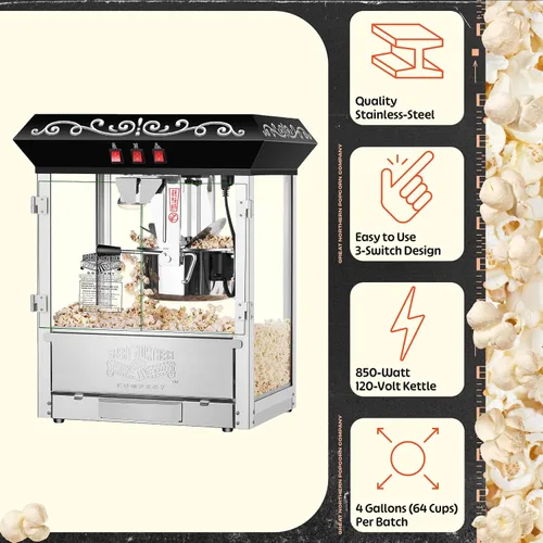 Vista 4 de Máquina para palomitas de maíz perfectas Great Northern de 10 oz, hace 12 cuartos de galón, Negro