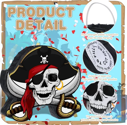 Vista 3 de Paquete de piñata pirata, juego de fiesta pirata, incluye máscara de capitán Piñata Bat Stick para fiesta de cumpleaños, aventura náutica