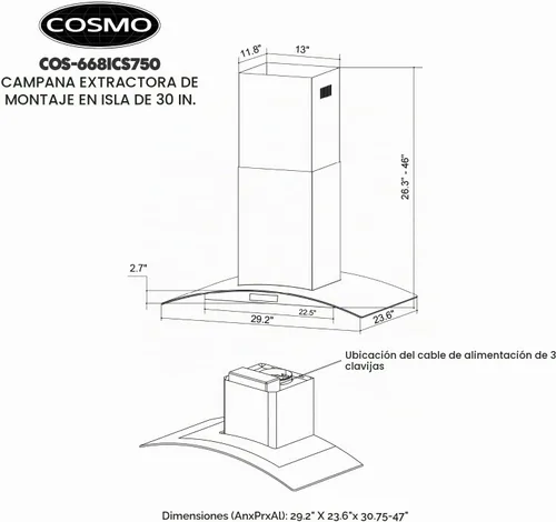 Vista 5 de COSMO COS-668ICS750 30 pulgadas Lumin Collection 380 CFM Campana extractora para isla con conductos, controles de toque suave, luces LED, acero
