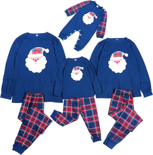 Vista 5 de Honwenle - Conjuntos de pijamas familiares de Navidad a juego, pijamas de Navidad con camiseta con estampado de Papá Noel y pantalones a cuadros