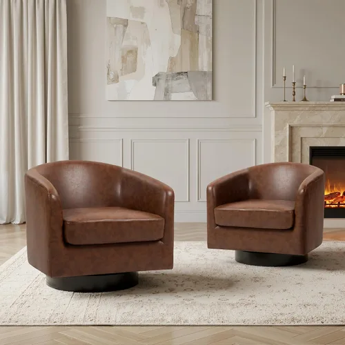 Vista 18 de Silla Giratoria de Acento de Cuero Sintético con Base de Madera, Sillas de Barril Tapizadas Modernas para Sala de Estar, Cómodo Sillón Redondo Sofá