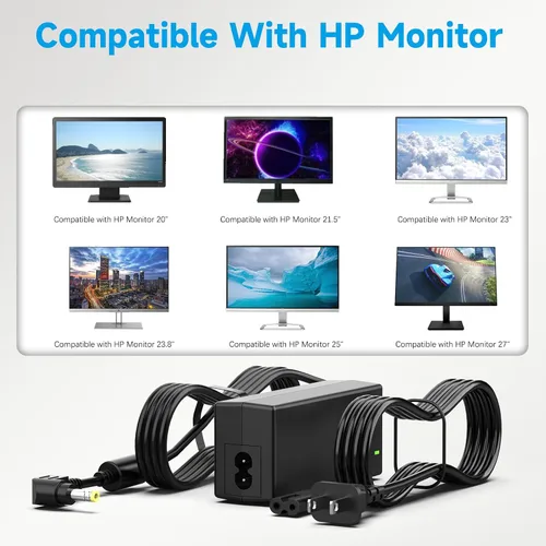 Vista 7 de Cable de alimentación de 19 V compatible con monitor HP de 20" 21.5" 23" 23.8" 25" 27"; 22cwa 25vx 22bw 23bw 23cw 24ea 24es 25bw 25es 25xw 27bw 27xi