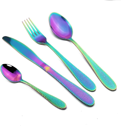 Vista 14 de JASHII Juego de cubiertos de acero inoxidable martillado de 16 piezas servicio de utensilios de alimentación para 4, vajilla moderna juego de Negro