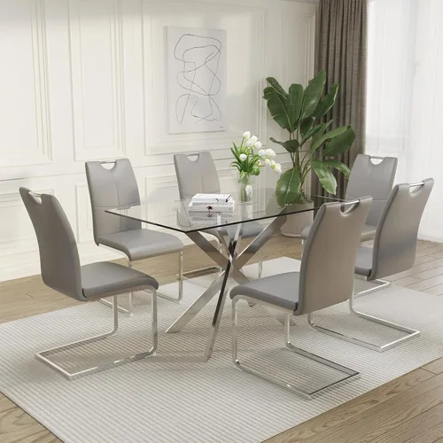 Vista 10 de Juego de mesa de comedor de vidrio de 51 pulgadas para 4 personas con tapa de vidrio templado, color negro Patas de metal negro, sillas de cuero