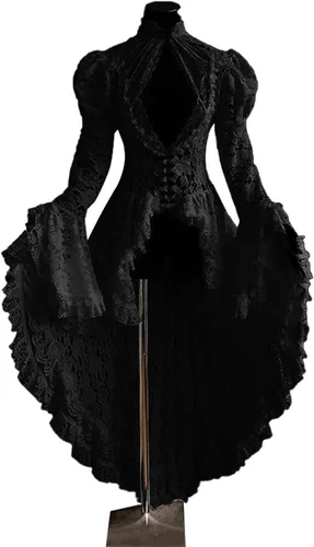 Vista 2 de Vestido medieval renacentista para mujer, vestido de corte de manga acampanada, vestido gótico de corsé para fiesta de Halloween, vestidos steampunk