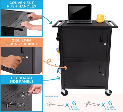 Vista 3 de Line Leader Stellar - Carrito de computadora con tablero de clavijas y ganchos personalizables, armarios de doble bloqueo, alimentación certificada