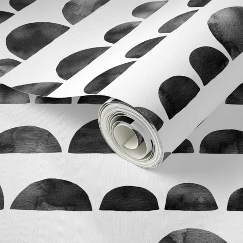 Vista 2 de Spoonflower Circles Black Ink Pre-Pasted Removable Wallpaper Roll 24" x 36" Modern White Scallops Self-adhesive, removable and renter-friendly