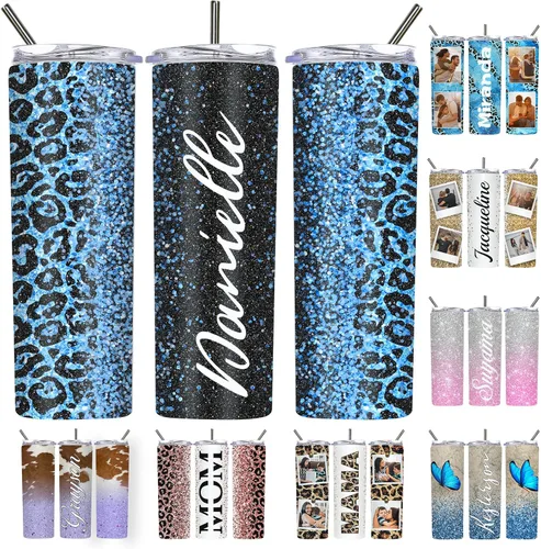Vista 23 de Vaso delgado personalizado con purpurina con tapas y popotes, nombres, vasos de acero inoxidable personalizados con imagen para mujeres, hombres