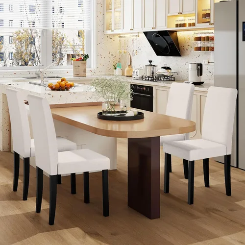 Vista 8 de COSTWAY Juego de 2 sillas de comedor sin brazos de tela, sillas laterales tapizadas de cocina con patas de madera de goma, asiento acolchado y Beige
