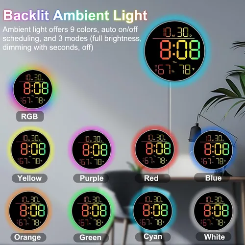 Vista 3 de QINFIEY Reloj de pared LED de 10 pulgadas con luz ambiental RGB, atenuación automática, pantalla de color/hora/fecha/temperatura/humedad, alarma