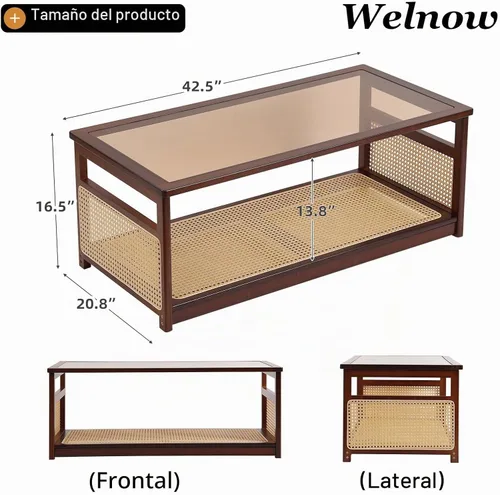 Vista 3 de Welnow Mesas de centro de ratán para sala de estar, moderna mesa de centro de 2 niveles, mesa de centro rectangular de mediados de siglo con estante