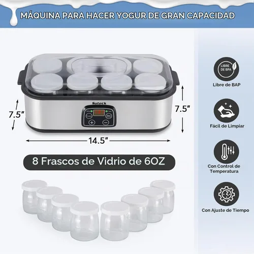 Vista 8 de Yogurt Maker Máquina automática digital para hacer yogur con 8 tarros de vidrio de 48 onzas (6 onzas cada frasco) pantalla LCD con control