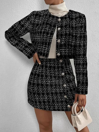 Vista 4 de Floerns Conjunto de 2 piezas para mujer, blazer de tweed a cuadros, chaqueta de manga larga y falda