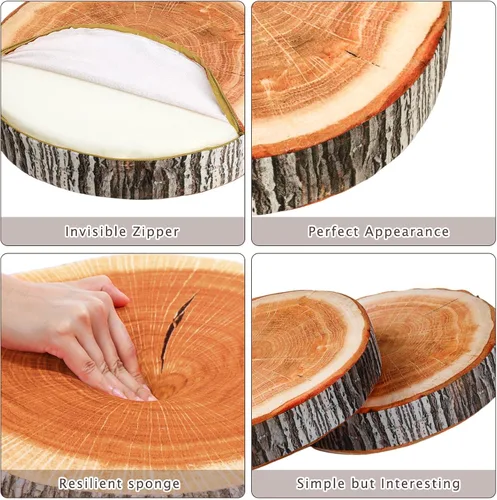 Vista 4 de Queekay 2 cojines redondos decorativos de madera para suelo, impresión digital 3D, decoración de bosque, almohada circular suave, lindo muñón