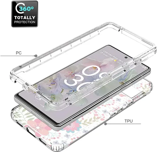 Vista 3 de Funda para Google Pixel 6A, funda GX7AS con protector de pantalla de vidrio templado, cuerpo completo transparente floral TPU delgado funda