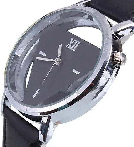 Vista 2 de Reloj de pulsera de cuarzo analógico de cuero sintético con esfera triangular hueco de cristal con encanto unisex