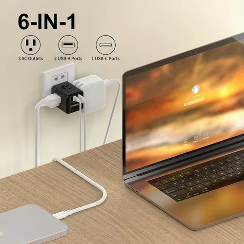 Vista 3 de Cruise Ship Essentials, divisor de salida de 3 lados con 3 puertos USB (1 USB C) cargador de pared USB, extensor de salida para el hogar, oficina