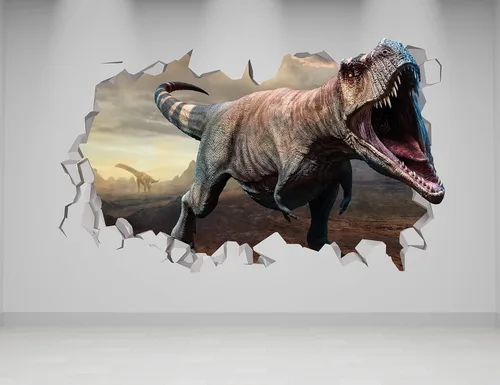 Vista 2 de Calcomanías de pared de ataque de dinosaurios 3D, calcomanía de pared de dinosaurio, decoración de pared de dinosaurio destrozado, decoración