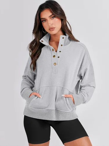 Vista 3 de ANRABESS Sudadera casual de manga larga para mujer, con botones, cuello en V, holgada, con bolsillos