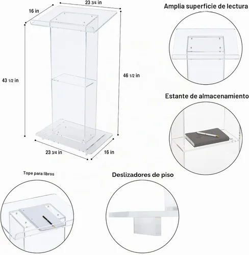 Vista 3 de OEF Furnishings CoreGhost Series - Atril acrílico transparente moderno de grado comercial con estante (superficie de lectura de 24 pulgadas)