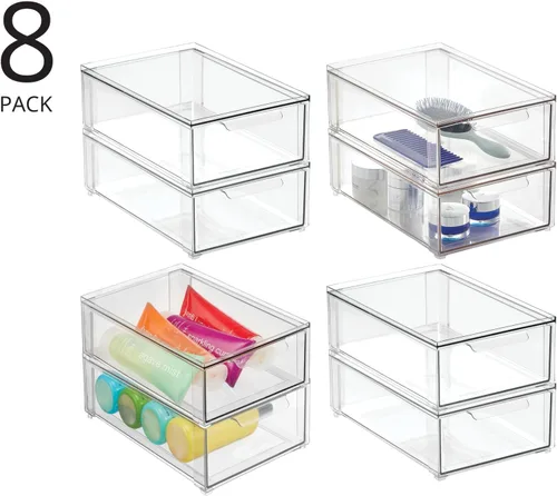 Vista 2 de mDesign Lumiere Collection - Organizador apilable de plástico con cajón extraíble para gabinete, tocador, estante, armario, armario u organización