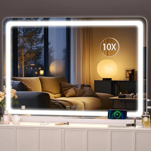 Vista 28 de Hasipu Espejo de tocador con luces, espejo LED de maquillaje de 31.5 x 22 pulgadas, espejo de maquillaje iluminado con 3 modos regulables, espejo