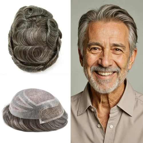 Vista 26 de Toupee - Piezas de pelo para hombres, cabello humano real, sistema de reemplazo de cabello francés, encaje francés, extensiones de cabello
