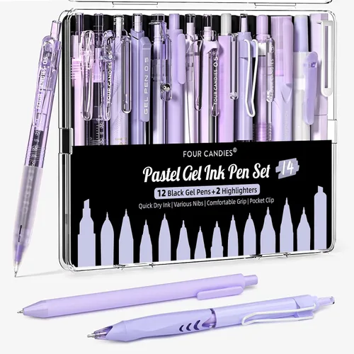 Vista 10 de FOUR CANDIES - Paquete de 14 bolígrafos pasteles bonitos, estéticos y retráctiles con tinta de gel negra, punta fina de 0.5 mm, incluye 2 Azul