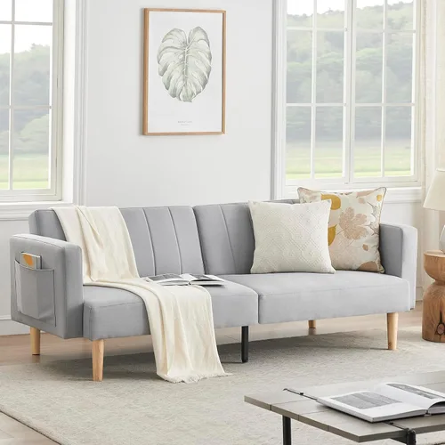 Vista 6 de IDEALHOUSE Sofá cama de lino futón 2024, sofá compacto y elegante para espacios pequeños, sofá doble plegable para sala de estar, dormitorio