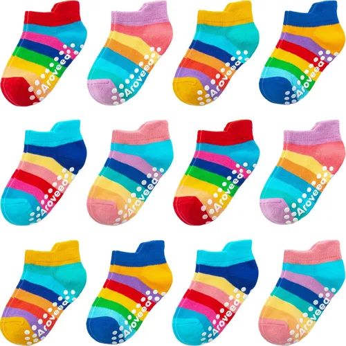 Vista 34 de Calcetines antideslizantes con agarre para tobillos, paquete de 12 unidades para niños pequeños, niños y niñas, lindos calcetines de algodón