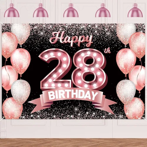 Vista 224 de Cartel de feliz cumpleaños décimo oro rosa, telón de fondo, saludos a 10 años, globos de confeti, decoración temática para niñas de 10 años