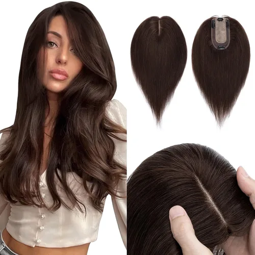 Vista 14 de Hairro Toppers de cabello humano 100% real para mujeres sin flequillo, postizos de cabello real con clip, base de seda transpirable para cubrir