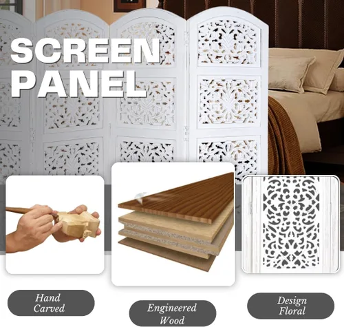 Vista 5 de Panel de pantalla de madera para divisor de habitación, blanco, plegable de 4 paneles de 64 x 48 pulgadas, tallado a mano, separador de privacidad