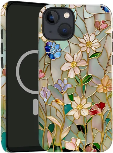 Vista 21 de Funda compatible con iPhone 13, compatible con MagSafe, funda híbrida de 2 capas con prevención de caídas brillante para niñas y niños, arte floral