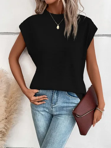 Vista 4 de WDIRARA Camiseta básica de manga casquillo con cuello alto falso para mujer