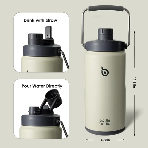 Vista 4 de BOTTLE BOTTLE Botella de agua aislada de 64 onzas con popote y tapa de doble uso, jarra de agua de medio galón, acero inoxidable al vacío para Gris