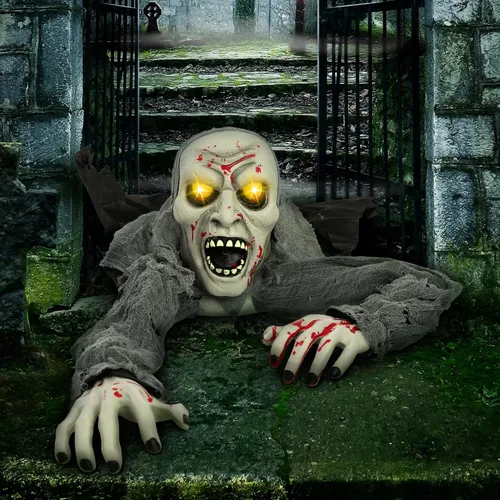 Vista 9 de JOYIN Decoraciones de Halloween para exteriores con luz zombi con manchas de sangre y sonido espeluznante para decoración exterior de Halloween
