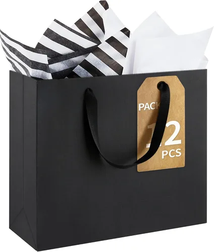 Vista 10 de Ohuimrt 6 bolsas grandes de regalo negras con asas, 12.5 x 4.5 x 11 pulgadas, bolsas de papel negro mate de alta calidad para fiestas, compras