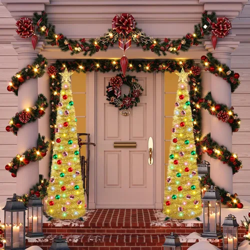 Vista 7 de HISFFOG Árbol de Navidad de Oropel Emergente Preiluminado de 5 Pies con 8 Modos de Ajuste de Luz, 50 Luces de Colores con Control Remoto, Operado