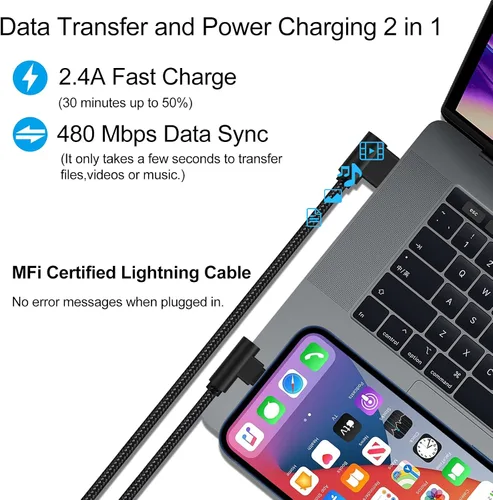 Vista 4 de Cargador para iPhone de 3 pies con certificación MFi, paquete de 3 cables Lightning trenzados de nailon de 90 grados, cable de carga en ángulo recto