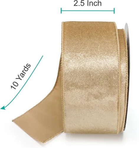 Vista 5 de Cinta de terciopelo dorado champagne de 2.5 pulgadas x 10 yardas para adorno de árbol de Navidad, decoración del hogar, corona, envoltura