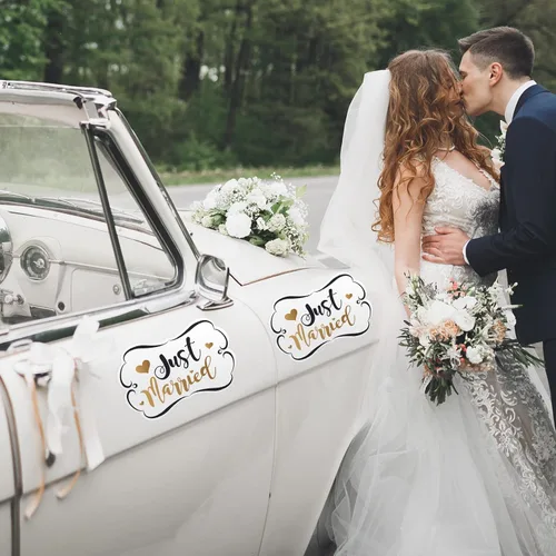 Vista 5 de Tallew 4 juegos de decoraciones para automóvil Just Married, imanes ornamentados de 12 x 7.5 pulgadas, calcomanías para ventana de automóvil del día