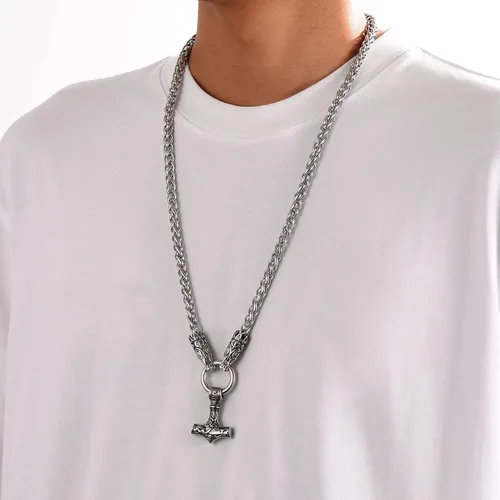 Vista 2 de FaithHeart Collar punk nórdico vikingo para hombre, collar grueso, acero inoxidable, Mjolnirnudo celta, cabeza de lobo, colgante de amuleto, joyería