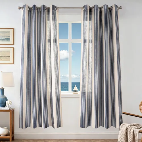 Vista 83 de DriftAway Cortinas de estilo granja con rayas verticales de lino mezclado texturizado con filtro de luz semitransparente para sala de estar